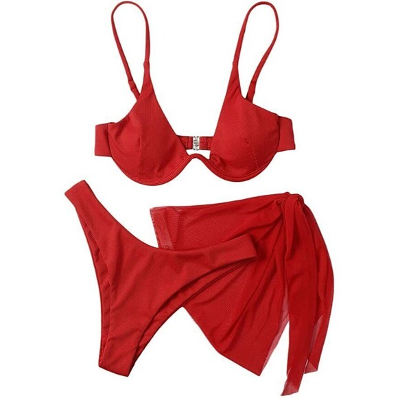 Womens Underwire Red Ribbed Bikini With Scarf Cover Up - Small - Picture 1 of 4